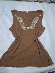 Brown Embroidered Sleeveless Top