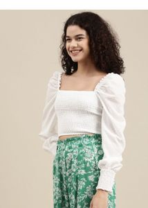 BERSHKA White Smocked Blouse with Puff Sleeves