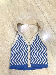 Blue & White Zigzag Knit Halter Top
