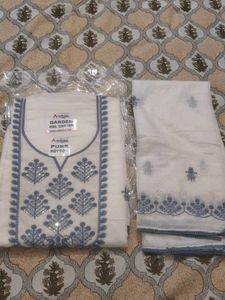 White Kurta Set with Blue Embroidery