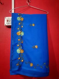 Women Blue Embroidered Georgette Saree.