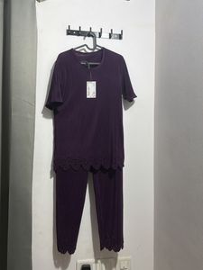 Pleated Purple Kurta Set with Lace Trim 2 piece