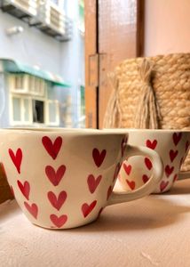 Beautiful  Handmade Clay Cup With Red Cute Hearts