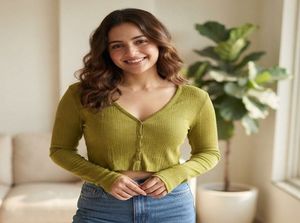Olive Green Ribbed Button-Up Top