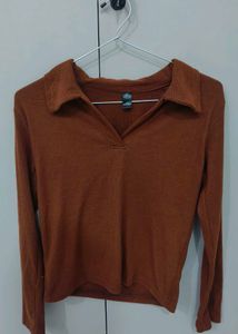 Brown Collared Long Sleeve Top
