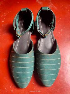 Stylish Teal Striped Flats with Ankle Strap