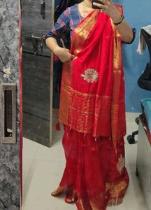 new pure dola silk Red Saree with hand work
