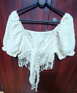 Cream Textured Crop Top with Fringe