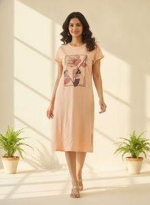 Peach Floral Print T-Shirt Dress with POCKETS