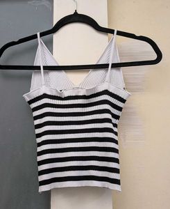 Striped V-Neck Knit Tank Top with a tie up bolero