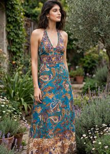 Boho Paisley Print Halter Maxi Dress in two revers