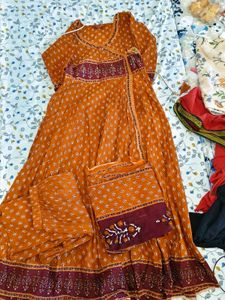 Orange Kurta Set with Bag
