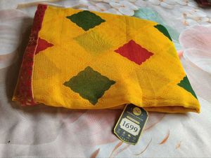 Vibrant Yellow Saree with Red &amp; Green Blocks