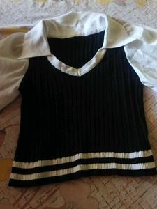Chic V-Neck Sweater Vest &amp; Puff Sleeve Shirt