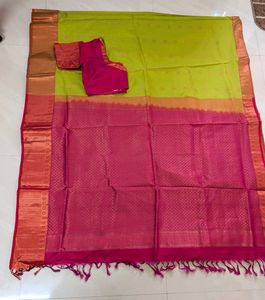 Elegant Pink &amp; Parrot Green Soft Silk Blend Saree