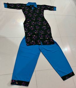 Floral Print Top & Blue Pant Set