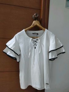 White Ruffle Sleeve Lace-Up Top🤍
