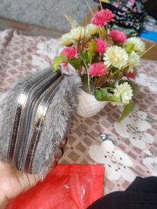 Gray Faux Fur Cosmetic Pouch