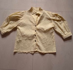 Korean Chic Yellow Striped Puff Sleeve Blouse
