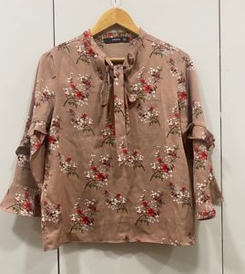 Madame Women Brown Floral Print Tie-Up Neck Top