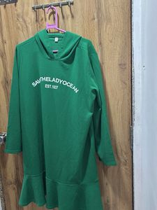 Green Hoodie Dress with Ruffle Hem