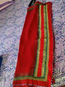 Vibrant Red Saree with Golden Border