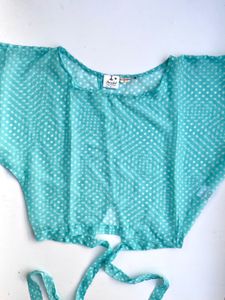 Flowy Aqua Polka Dot Tie-back Blouse