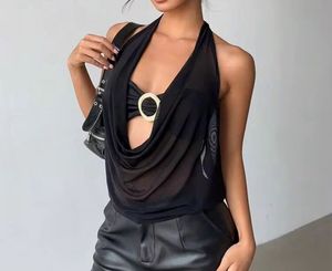 Sheer Halter Neck Top with Ring Detail (XS/S/M)