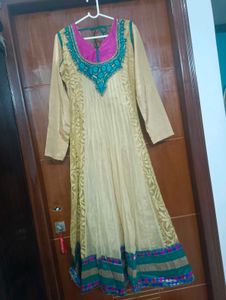 Elegant Embroidered biege golden Anarkali Kurta