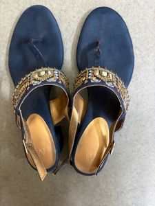 Embellished Navy Block Heel Sandals