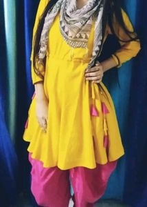 yellow frock  and  pink dhoti salwar