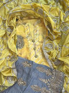 festive silk kurta set in mustard and grey