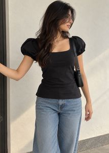 H&M Black Puff Sleeve Square Neck Top