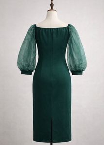 Dark Green Midi Dress with Sheer Sleeves – Elegant