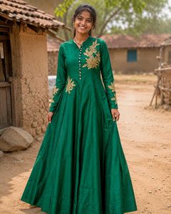 Stunning Green Ethnic Gown with Gold Embroidery