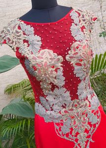 red embroidered gown