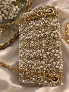 Embellished Clutch with Pearl and Gold Chain