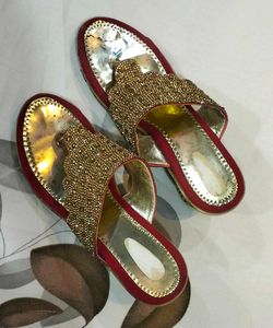 Elegant Golden &amp; Red Partywear Sandals
