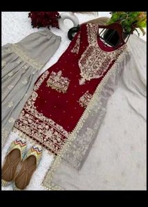 Embroidered Red Kurta Set with Grey Palazzo