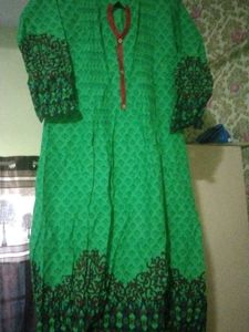Green Printed Kurta with Red Neckline