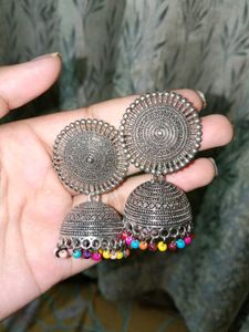 Silver Jhumka Earrings with Colorful Beads