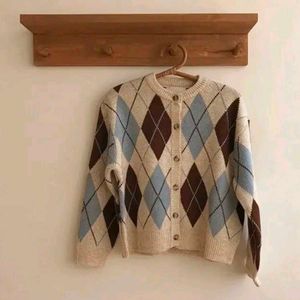 Argyle Beige Light Academia Knit Cardigan