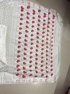 Elegant White Saree with Red Floral Embroidery