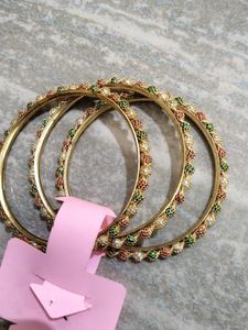 Golden Bangles With Red, Green And White Detail