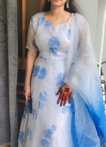 Elegant White &amp; Blue Floral Gown