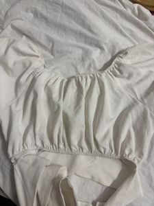 White Ruched Crop Tie-Back Puff Sleeves