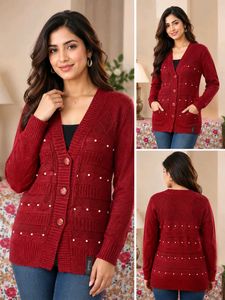 Elegant Red Cardigan with Pearl Accents