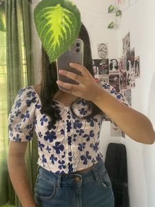 Cute Floral Print Puff Sleeve Top