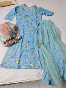 Sky Blue Embroidered Kurti And Skirt Set