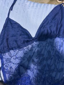Y2K Viral Beaded Blue Halter Top